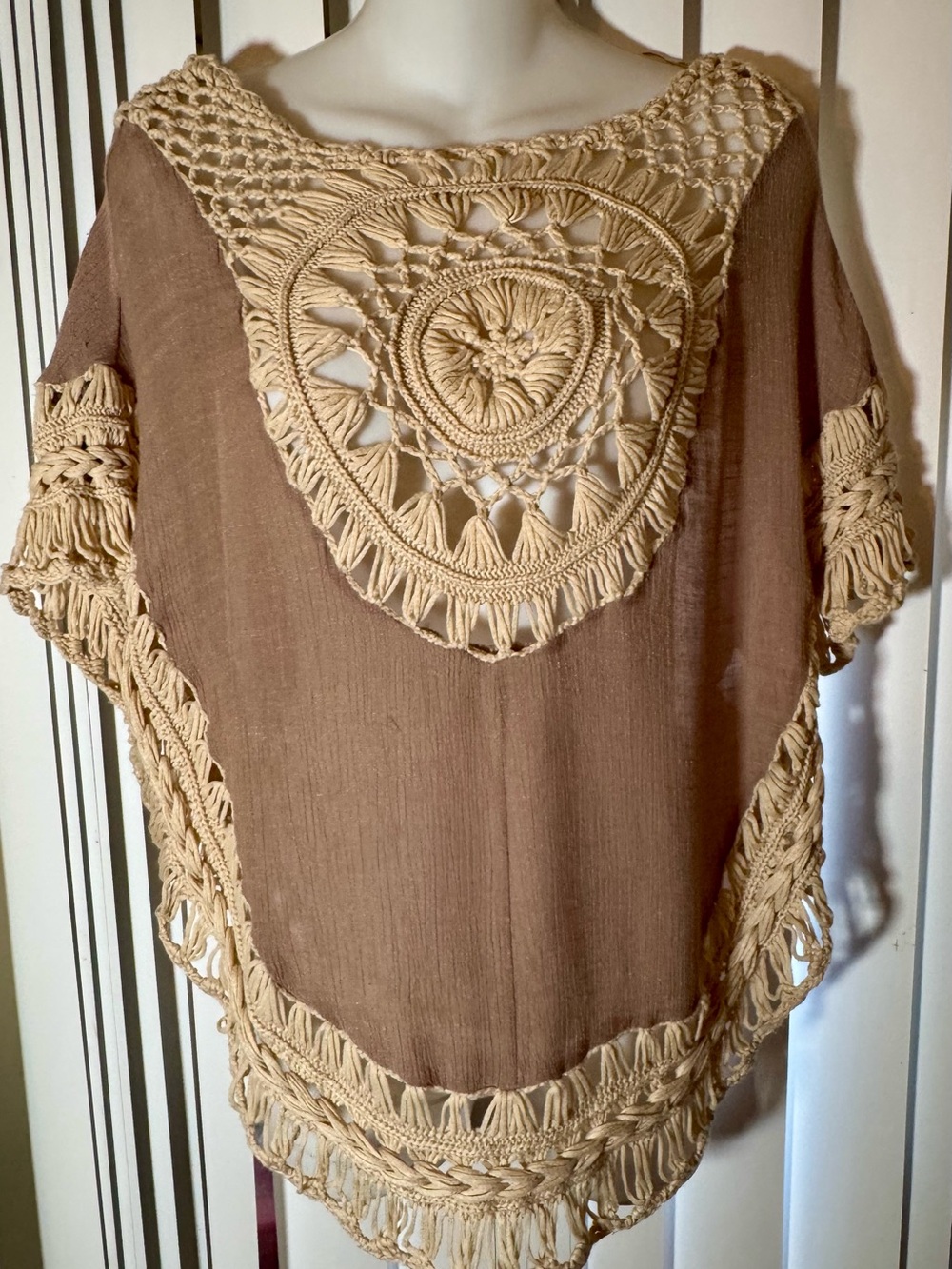 mittoshop Brown Tunic with Cream Crochet Accents